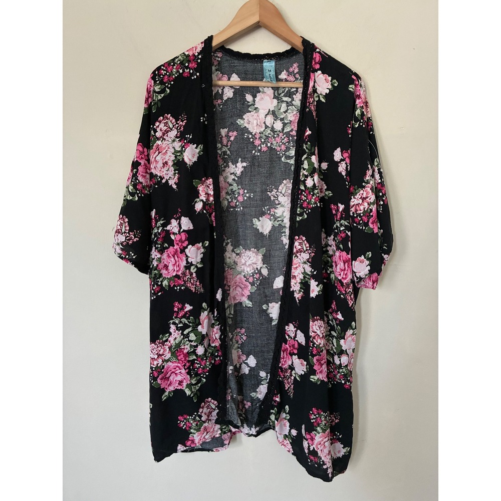 M.Fasis Black Floral Rose Print Kimono Cardigan with Crochet Lace Trim Women